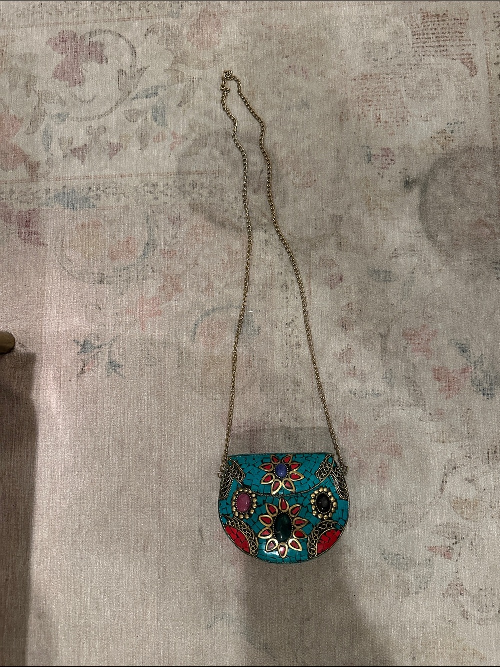 Turquoise Jeweled Floral Crossbody Bag with Gold Chain